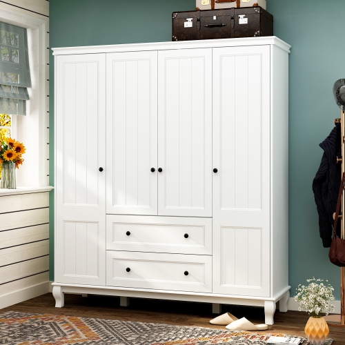 Famapy 4-Door 2-Drawer Wardrobe with Gold Accents and Decorative Legs, White