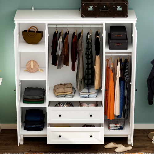 Famapy 4-Door 2-Drawer Wardrobe with Gold Accents and Decorative Legs, White