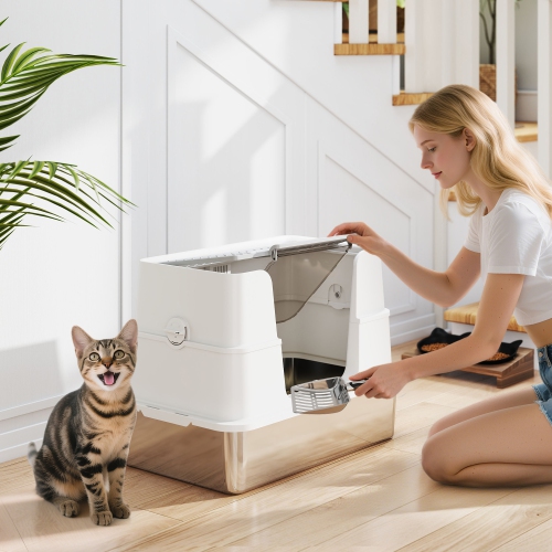 PawHut Stainless Steel Litter Box with Lid, 100° Flip Top XL Enclosed Litter Box with Scoop for Big Cats, Side Top Dual Entry, Odor Free, Easy