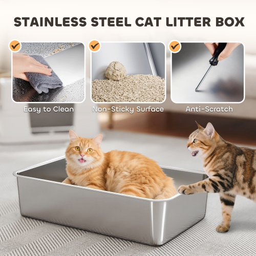 PawHut Stainless Steel Litter Box with Lid, 100° Flip Top XL Enclosed Litter Box with Scoop for Big Cats, Side Top Dual Entry, Odor Free, Easy