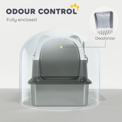 PawHut – Très grand bac à litière en acier inoxydable avec couvercle pour gros chats, bac à litière fermé style panda, nettoyage facile, anti-fuites,