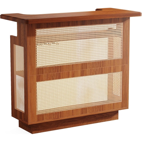 Meuble de bar en rotin de Tribesigns, table de bar à 4 niveaux Farmhouse avec 4 supports de verres à pied et base surélevée