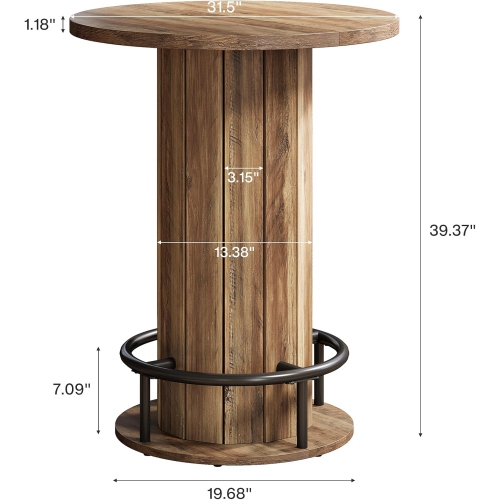 Table de bar ronde de Tribesigns, table bistro de style pub en bois de 39,4 po de hauteur avec repose-pieds en forme d'anneau en métal pour
