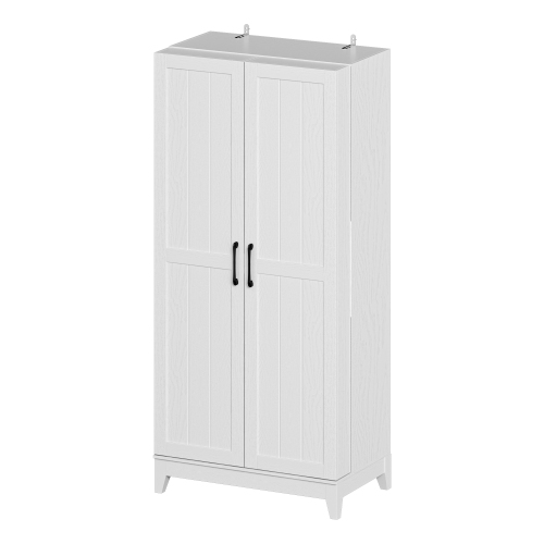FAMAPY  2-Door Wine Cabinet With Wooden Glass Rack And Pre-Assembled Drawers, (31.5" W X 18.9" D X 68.9" H) Light Wood Grain In White