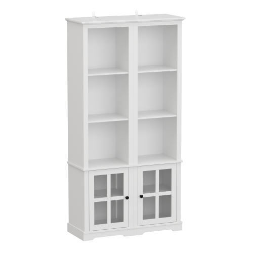 FAMAPY  Modular Bookcase Set With Tempered Glass Doors And Decorative Crown Top – Includes Left And Right Tall Units for Living Room Or Home Office