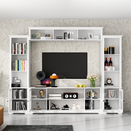 Famapy Modular White TV Cabinet Set with Glass Doors and Wall-Mounted Top Unit – Includes Central Console, Top Cabinet, and Side Storage Cabinets