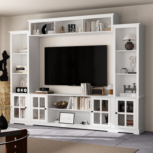 Famapy Modular White TV Cabinet Set with Glass Doors and Wall-Mounted Top Unit – Includes Central Console, Top Cabinet, and Side Storage Cabinets