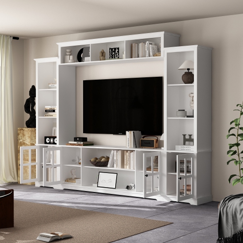 Famapy Modular White TV Cabinet Set with Glass Doors and Wall-Mounted Top Unit – Includes Central Console, Top Cabinet, and Side Storage Cabinets