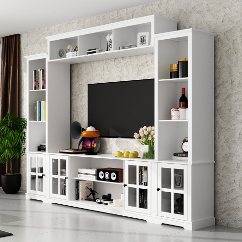Famapy Modular White TV Cabinet Set with Glass Doors and Wall-Mounted Top Unit – Includes Central Console, Top Cabinet, and Side Storage Cabinets