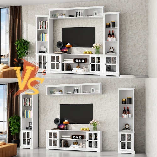 Famapy Modular White TV Cabinet Set with Glass Doors and Wall-Mounted Top Unit – Includes Central Console, Top Cabinet, and Side Storage Cabinets
