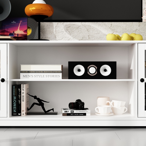 Famapy Modular White TV Cabinet Set with Glass Doors and Wall-Mounted Top Unit – Includes Central Console, Top Cabinet, and Side Storage Cabinets