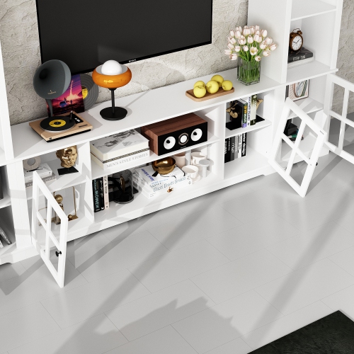 Famapy Modular White TV Cabinet Set with Glass Doors and Wall-Mounted Top Unit – Includes Central Console, Top Cabinet, and Side Storage Cabinets
