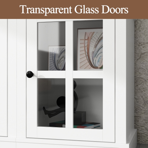 Famapy Modular White TV Cabinet Set with Glass Doors and Wall-Mounted Top Unit – Includes Central Console, Top Cabinet, and Side Storage Cabinets