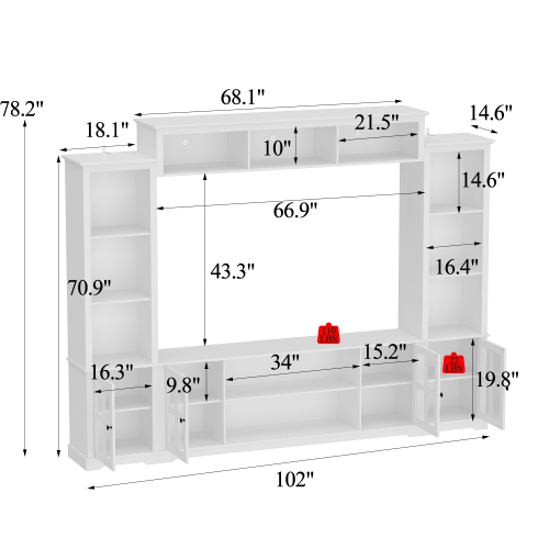 Famapy Modular White TV Cabinet Set with Glass Doors and Wall-Mounted Top Unit – Includes Central Console, Top Cabinet, and Side Storage Cabinets
