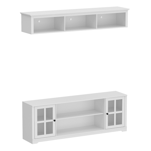 FAMAPY  Tv Stand With Wall-Mounted Top Cabinet And Tempered Glass Doors, Decorative Trim, And Media Storage In White