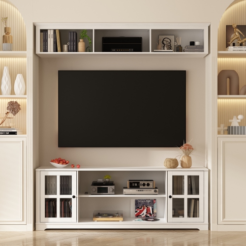 Famapy White TV Stand with Wall-Mounted Top Cabinet and Tempered Glass Doors, Decorative Trim, and Media Storage