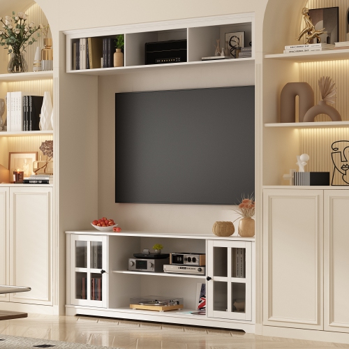 Famapy White TV Stand with Wall-Mounted Top Cabinet and Tempered Glass Doors, Decorative Trim, and Media Storage
