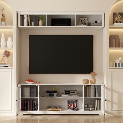 Famapy White TV Stand with Wall-Mounted Top Cabinet and Tempered Glass Doors, Decorative Trim, and Media Storage