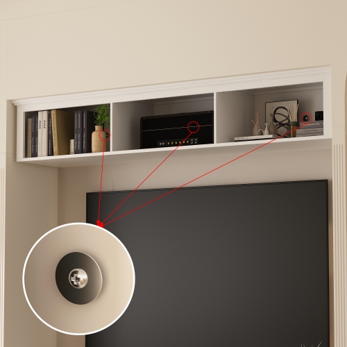 Famapy White TV Stand with Wall-Mounted Top Cabinet and Tempered Glass Doors, Decorative Trim, and Media Storage