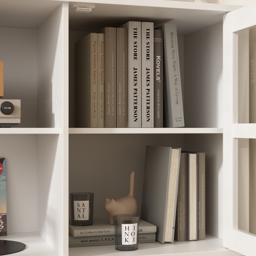 Famapy White TV Stand with Wall-Mounted Top Cabinet and Tempered Glass Doors, Decorative Trim, and Media Storage