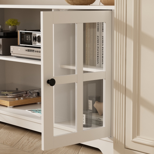 Famapy White TV Stand with Wall-Mounted Top Cabinet and Tempered Glass Doors, Decorative Trim, and Media Storage
