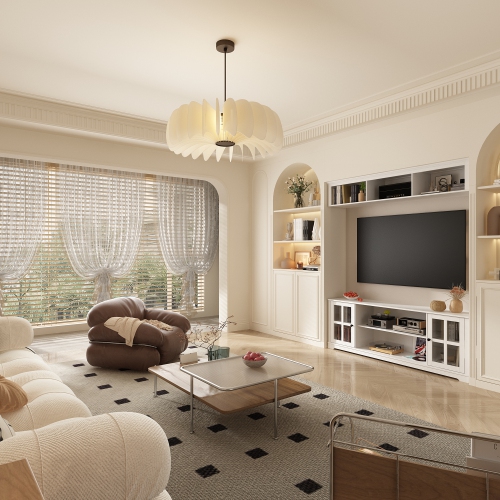 Famapy White TV Stand with Wall-Mounted Top Cabinet and Tempered Glass Doors, Decorative Trim, and Media Storage