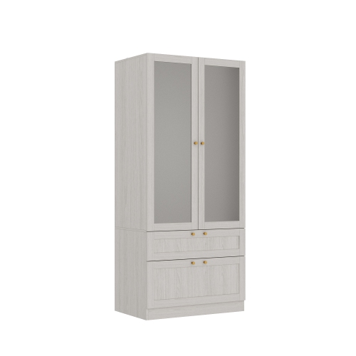 FAMAPY  Modern 2-Door 2-Drawer Wardrobe Cabinet w Frosted Glass Doors And Handles, Modular Closet Design (31.5" W X 19.9" D X 70.9" H), Pine Mist