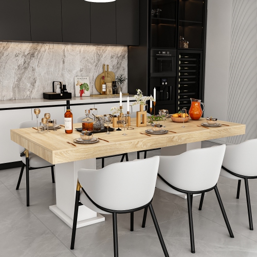 Famapy Modern 78.7" Rectangular Wood Grain Dining Table with White Base, Large 6-8 Seater Table for Kitchen, Dining Room, or Home Office – Sturdy P2