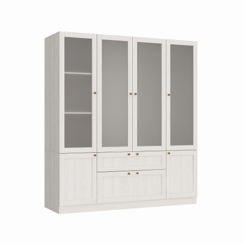 Famapy Pine Mist 6-Door Wardrobe with 2 Drawers and Frosted Glass Doors – Modular Closet System with Gold Handles ,Light Brown
