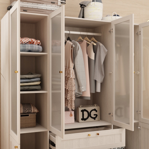 Famapy Pine Mist 6-Door Wardrobe with 2 Drawers and Frosted Glass Doors – Modular Closet System with Gold Handles ,Light Brown