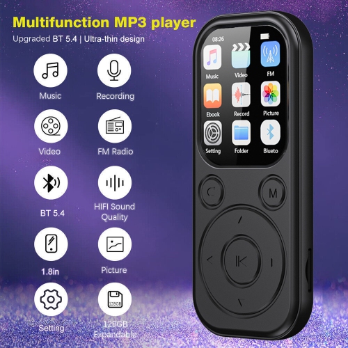 64GB MP3 Player with Bluetooth 5.4,Portable Music Player with Built in Speaker,HiFi Sound,FM Radio,Recorder,E-Book,MP3 Player with 3.5mm Headphone
