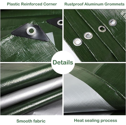 Tarps Heavy Duty Waterproof 6x30 Feet,10Mil UV Resistant Poly Tarp,Multipurpose Small Tarp with Metal Grommets and Reinforced Edges, Silver/Green