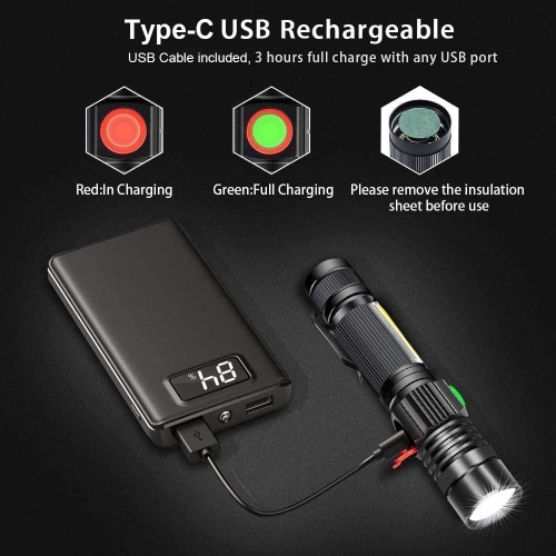 USB Rechargeable Flashlight, LED Tactical Flashlight with COB Side Light, Waterproof, Zoomable Small Emergency Flashlight for Travel, Camping, Outdoor