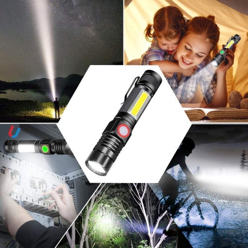 USB Rechargeable Flashlight, LED Tactical Flashlight with COB Side Light, Waterproof, Zoomable Small Emergency Flashlight for Travel, Camping, Outdoor