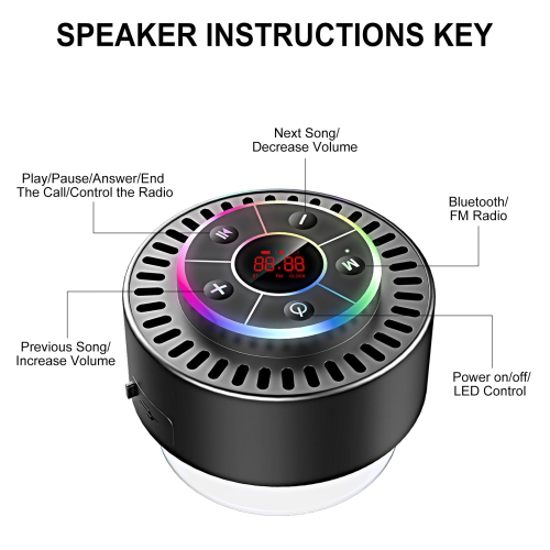 IPX7 Waterproof Speaker,Bluetooth Portable Wireless Shower Speaker with LED Display,FM Radio,Suction Cup,Light Show,Small Speaker for Pool Beach Home