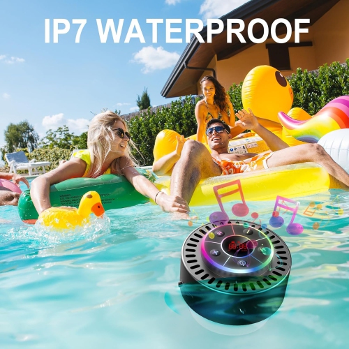 IPX7 Waterproof Speaker,Bluetooth Portable Wireless Shower Speaker with LED Display,FM Radio,Suction Cup,Light Show,Small Speaker for Pool Beach Home