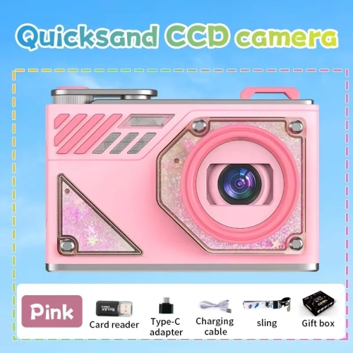 HD dual-camera selfie VLOG retro camera student campus entry ccd quicksand pocket mini digital camera-pink + 32GB + card reader + Android adapter