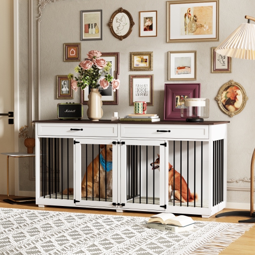 Famapy Modern White Wooden Indoor Dog Crate – Stylish Multi-Purpose Pet Furniture for Multiple Pets, with Secure Doors, Ample Ventilation, and