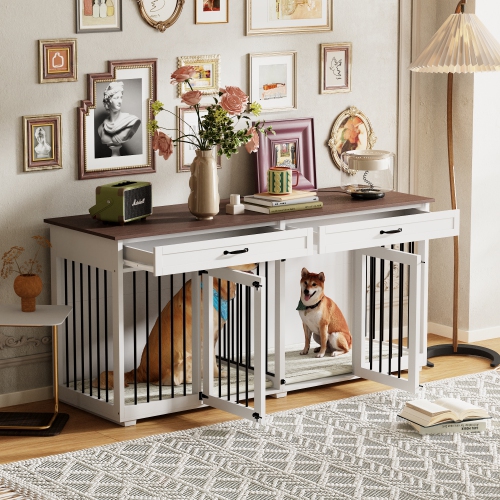 Famapy Modern White Wooden Indoor Dog Crate – Stylish Multi-Purpose Pet Furniture for Multiple Pets, with Secure Doors, Ample Ventilation, and