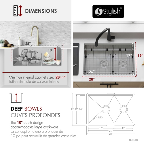 STYLISH Undermount 28 inch Stainless steel double bowl 60/40 Workstation kitchen sink with Black Accessories