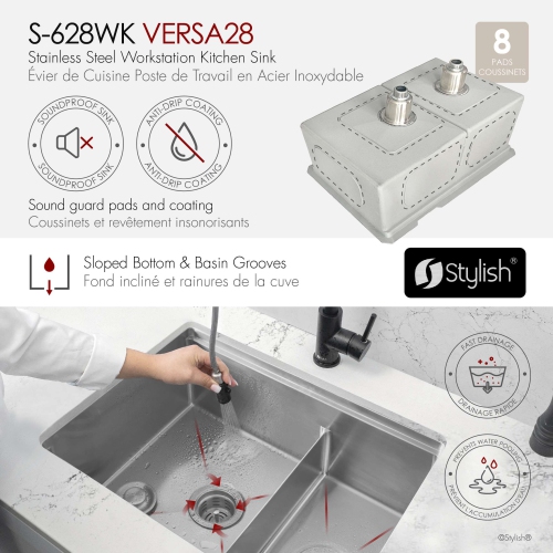 STYLISH Undermount 28 inch Stainless steel double bowl 60/40 Workstation kitchen sink with Black Accessories