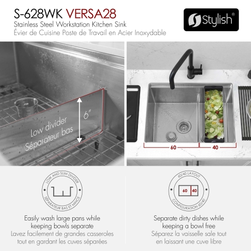 STYLISH Undermount 28 inch Stainless steel double bowl 60/40 Workstation kitchen sink with Black Accessories