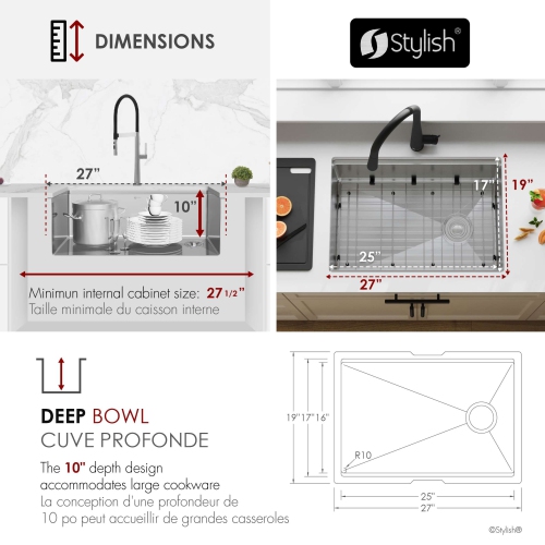 STYLISH Undermount 27 inch Stainless steel Single Bowl Workstation kitchen Sink with Black Accessories