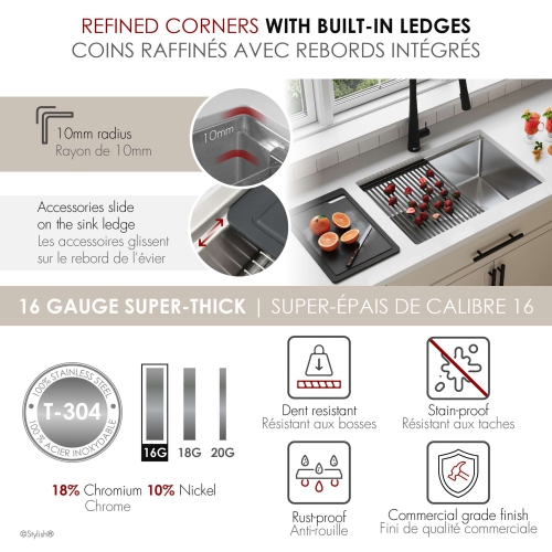 STYLISH Undermount 27 inch Stainless steel Single Bowl Workstation kitchen Sink with Black Accessories