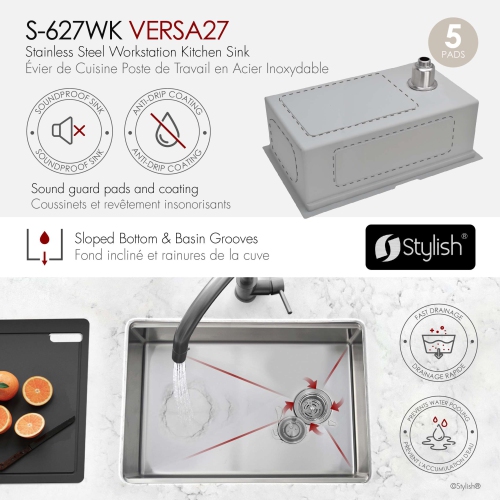 STYLISH Undermount 27 inch Stainless steel Single Bowl Workstation kitchen Sink with Black Accessories