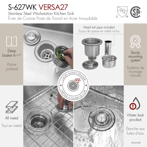 STYLISH Undermount 27 inch Stainless steel Single Bowl Workstation kitchen Sink with Black Accessories