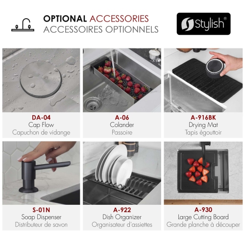 STYLISH Undermount 27 inch Stainless steel Single Bowl Workstation kitchen Sink with Black Accessories