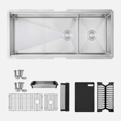 STYLISH Undermount 42 inch Stainless Steel Double Bowl 70/30 Workstation Kitchen Sink with Black Accessories