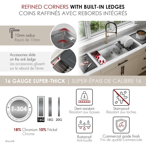 STYLISH Undermount 42 inch Stainless Steel Double Bowl 70/30 Workstation Kitchen Sink with Black Accessories