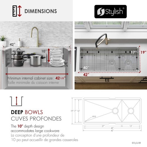 STYLISH Undermount 42 inch Stainless Steel Double Bowl 70/30 Workstation Kitchen Sink with Black Accessories